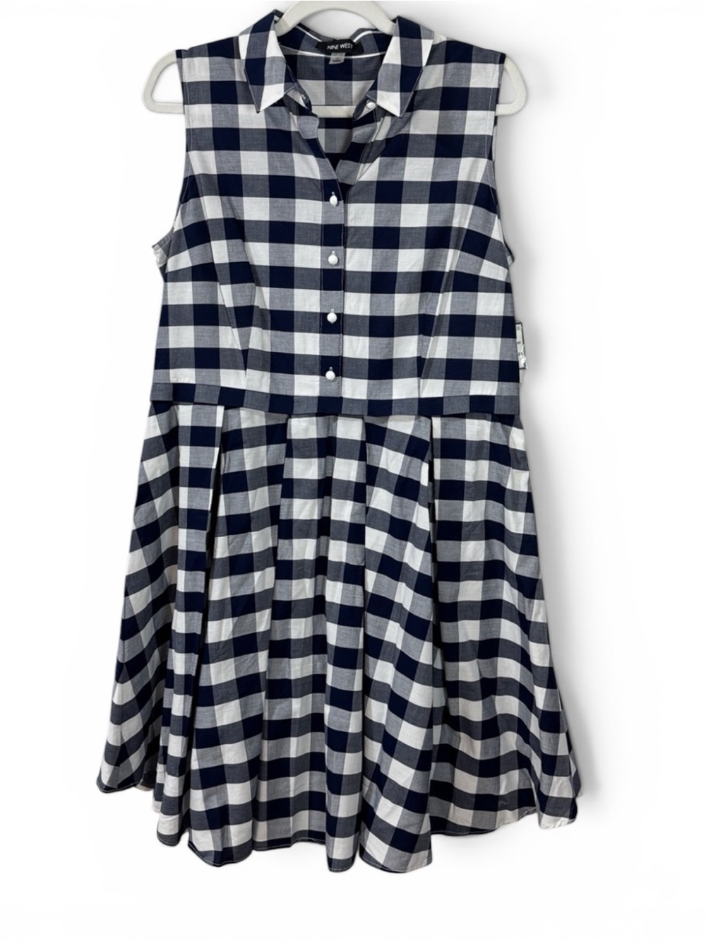 Nine West Navy & White Gingham Sleeveless Collared Midi Dress - Size 12 - Picture 1 of 9
